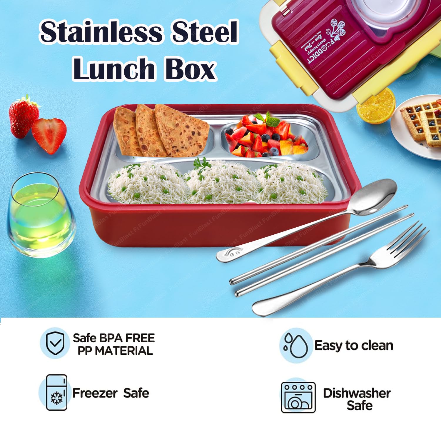 Lunch Box for Kids – Stainless Steel Lunch Box, 6 Compartment Lunch Box with Bowl, Spoon, Fork & Chopstick, Tiffin Box, Insulated Bento Lunch Box for Kids (Red)