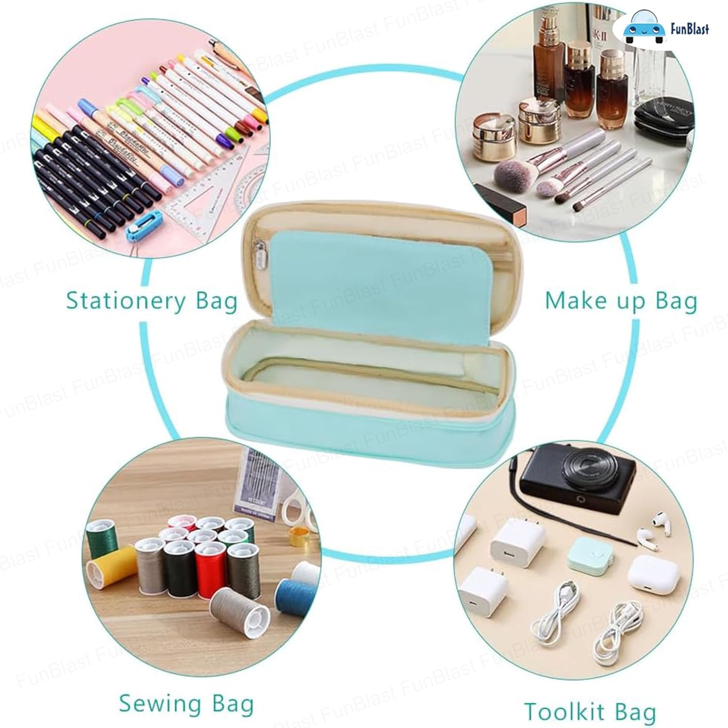 Multi-Compartment Double Zipper Portable Pencil  Pouch for Kids (Seagreen)