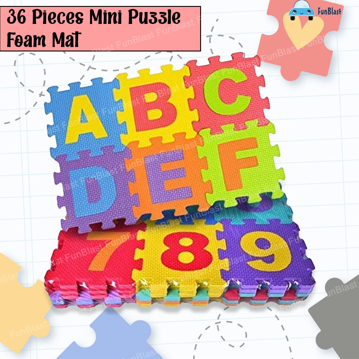 36 Pcs Big Size Eva Puzzle Foam Mat for Kids, Interlocking Learning Alphabet and Number Mat for Kids - Multicolor (15 X 15 CM)