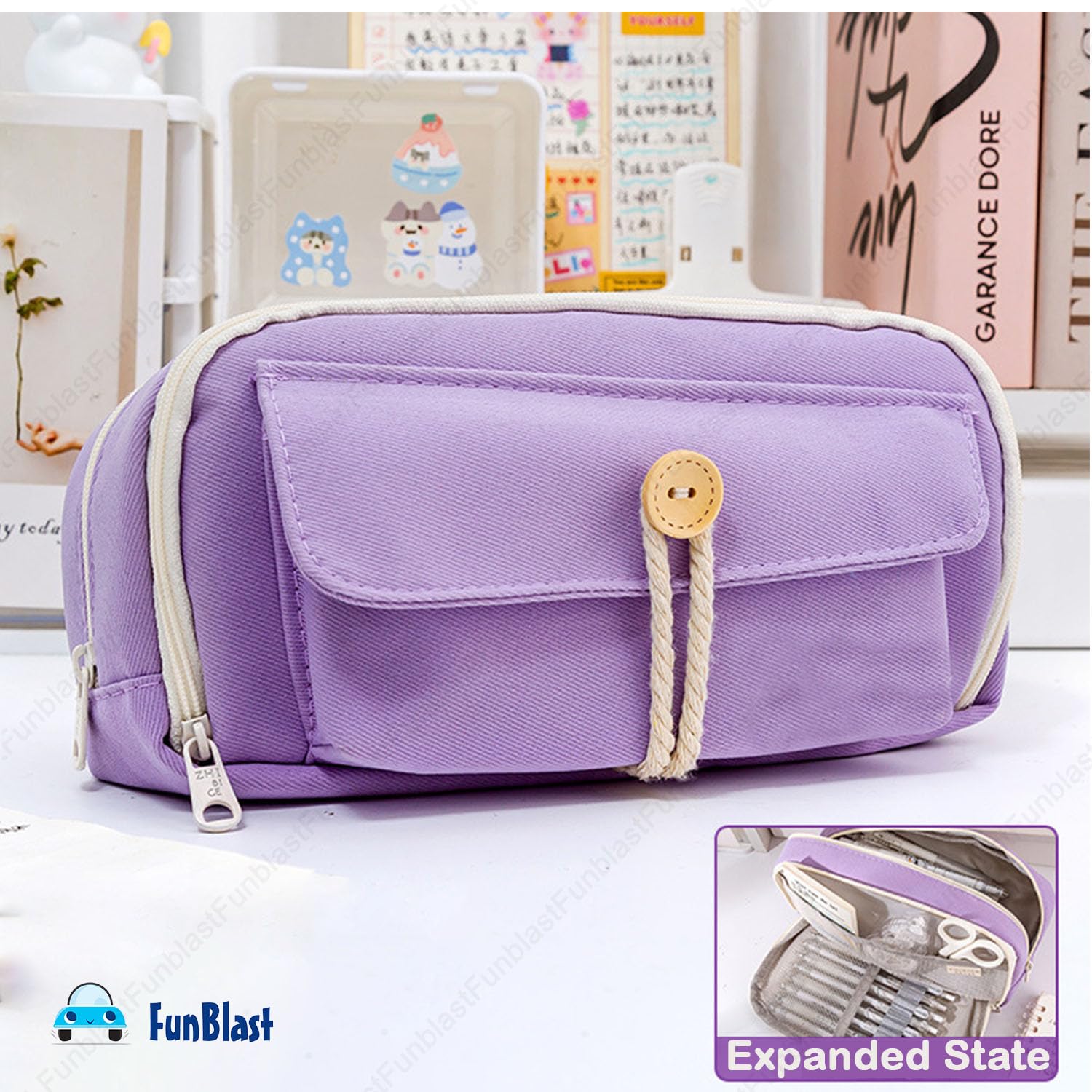 Large Capacity Stationary Organizer Case with Zipper Lock (Purple)
