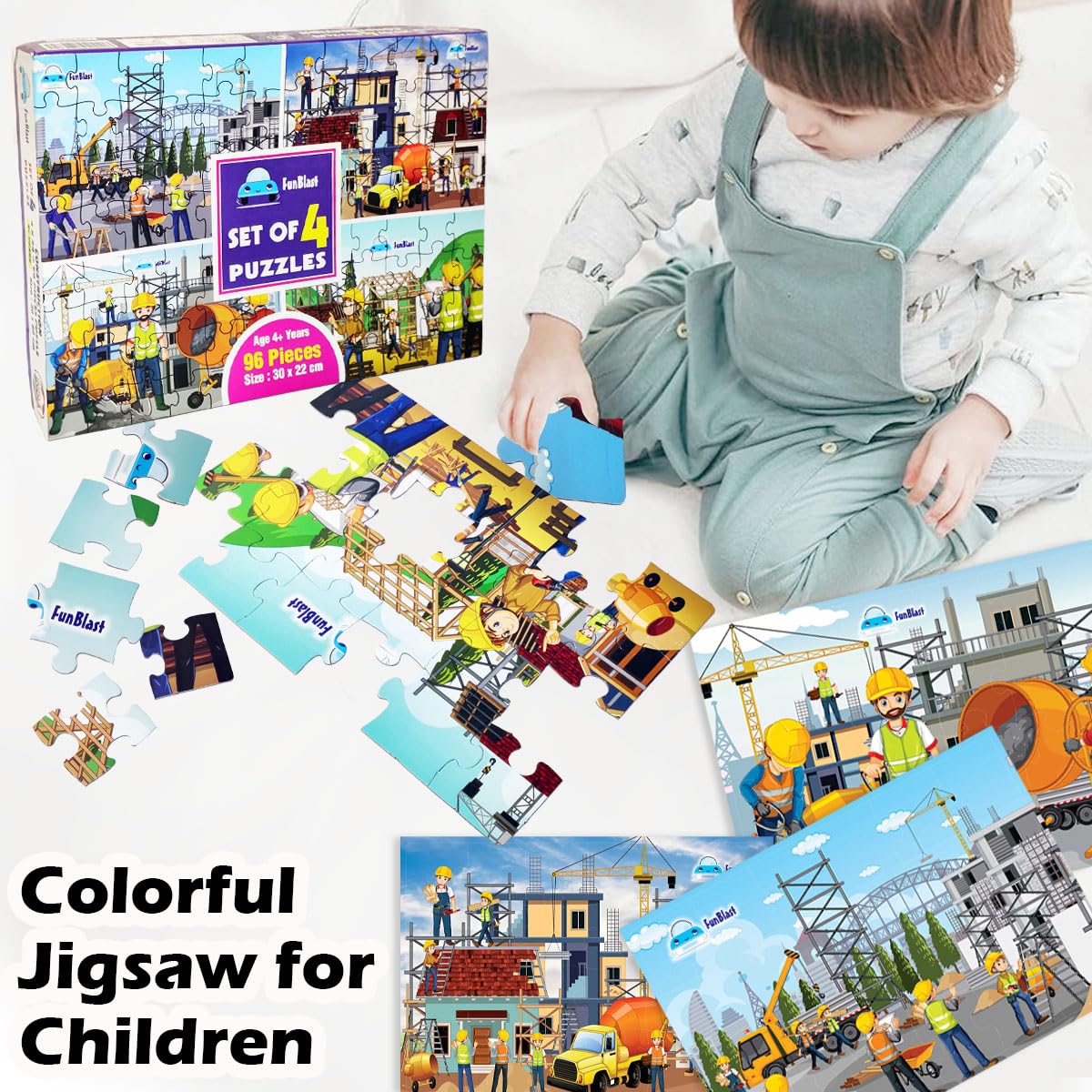 Jigsaw Puzzles for Kids, Building Construction Jigsaw Puzzles for Kids, Learning & Educational Jigsaw Puzzle, Set of 4-96 Pcs Puzzle