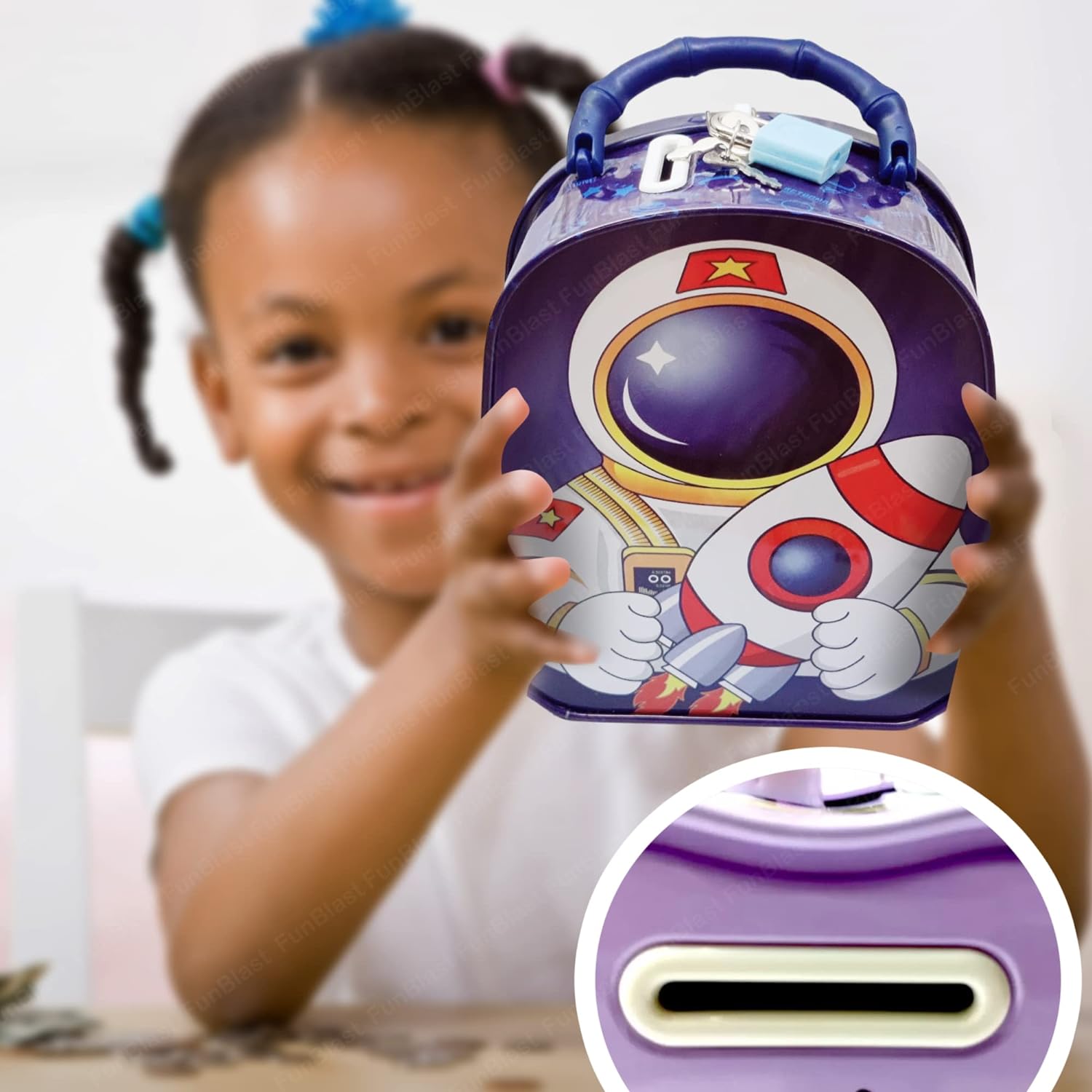 Piggy Bank for Kids – Space Theme Coin Box, Coin Bank with Lock and Key, Metal Coin Box for Kids, Money Bank, Coin Box for Girls