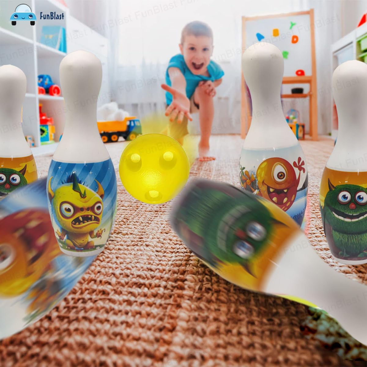 Kids Bowling Play Set Toys - Fun with Monsters Bowling Play Toy Set with 6 Bottles and 2 Balls Game for Kids, Indoor & Outdoor Sports Games for Kids/Boys