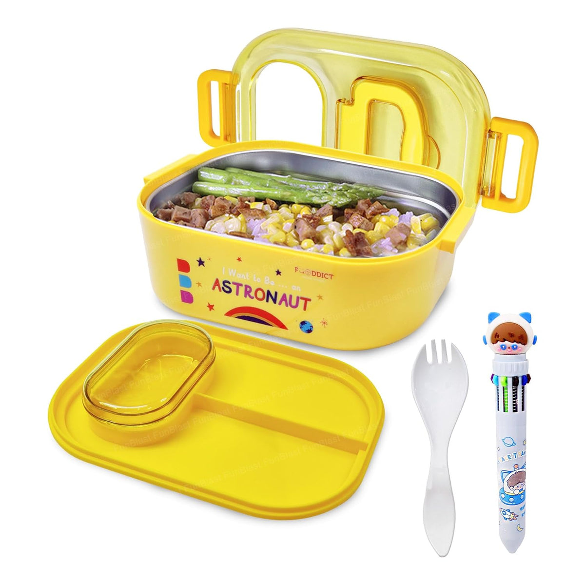 Astronaut and Space Theme Lunch Box with Spoon and 10 Color Ball Pen, Lunch Box for School Kids, SS304 Lunch Box, Tiffin Box for School (Yellow)