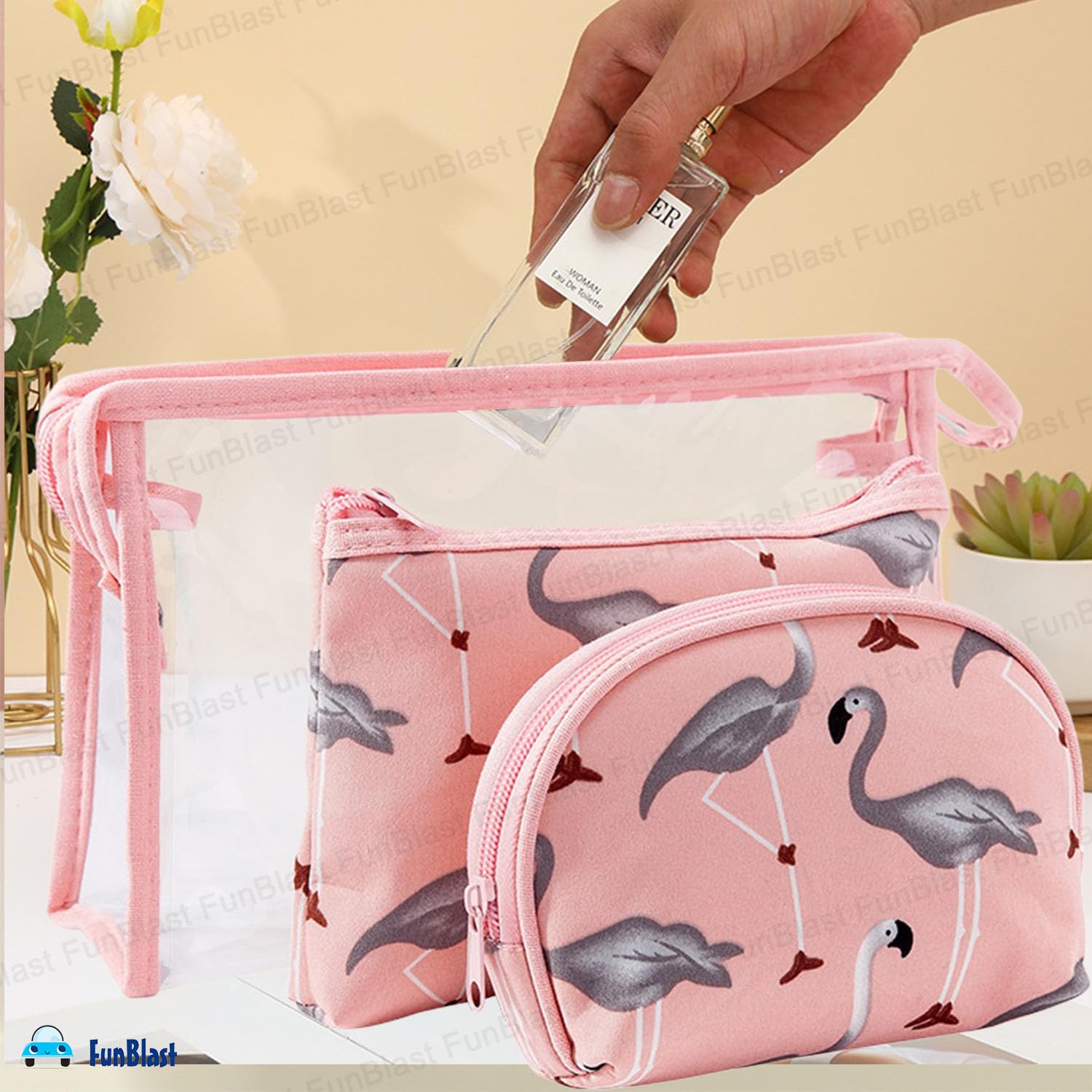 3 Pcs Flamingo Design Makeup Pouch with Zipper Lock for Girls & Women (Peach)