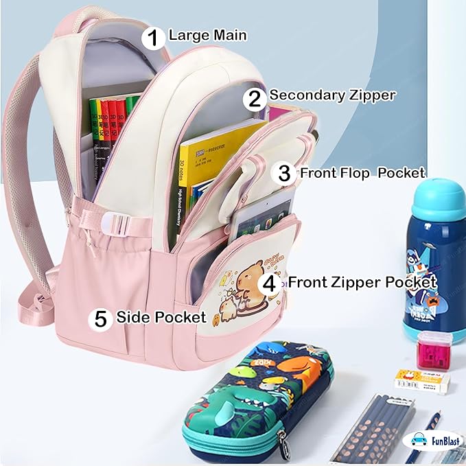 Capybara Print School Bags for Girls, Kids - Large Capacity Backpack for School, Travel, Picnic, Camping Kids 5-12 Years Old (45 X 30 X 20 Cm)