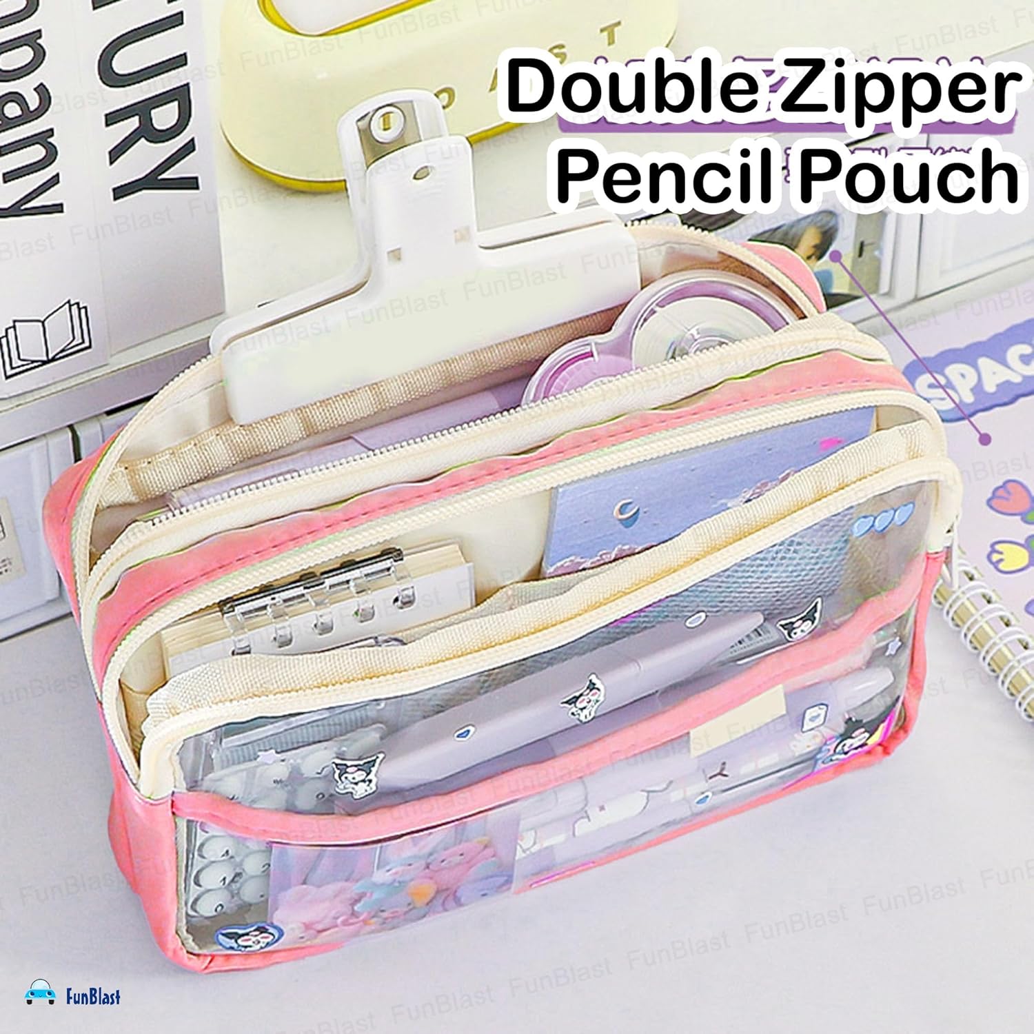 Multiple Compartment Double Zipper Pencil Pouch for Kids (Pink)