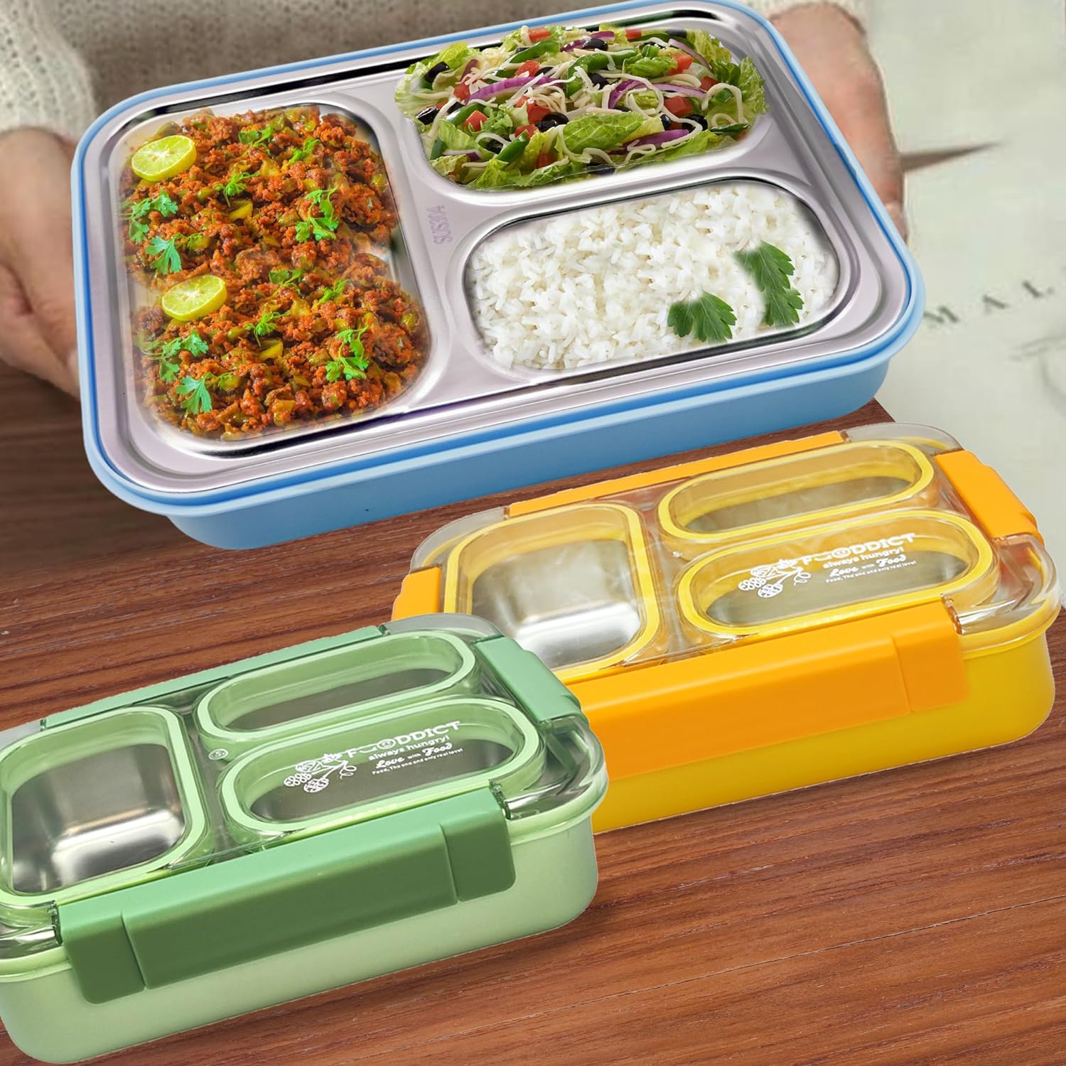 Lunch Box for Kids – Tiffin Box, Stainless Steel Lunch Boxes for Office Men, 3 Compartment Lunch Box with Spoon, Fork & Chopstick (-Random Color)