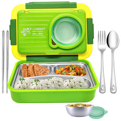 Lunch Box for Kids – Stainless Steel Lunch Box, 6 Compartment Lunch Box with Bowl, Spoon, Fork & Chopstick, Tiffin Box, Insulated Bento Lunch Box for Kids (Green)