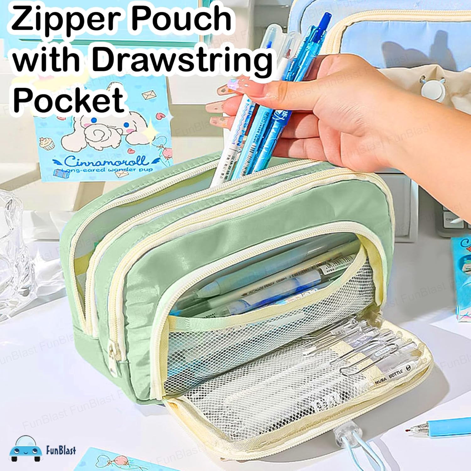 Kawaii Pencil Pouch With Drawstring Pocket (Sea Green)
