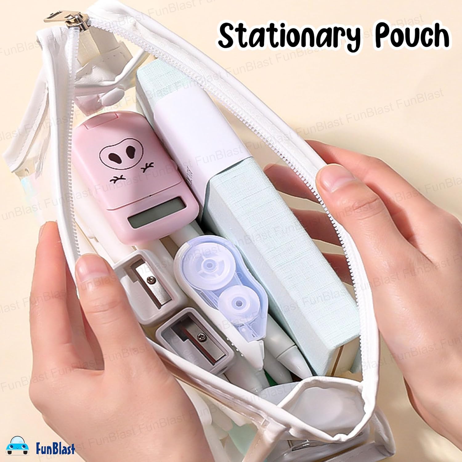 Transparent Portable Makeup Pouch with Zipper Closure for Girls (White)