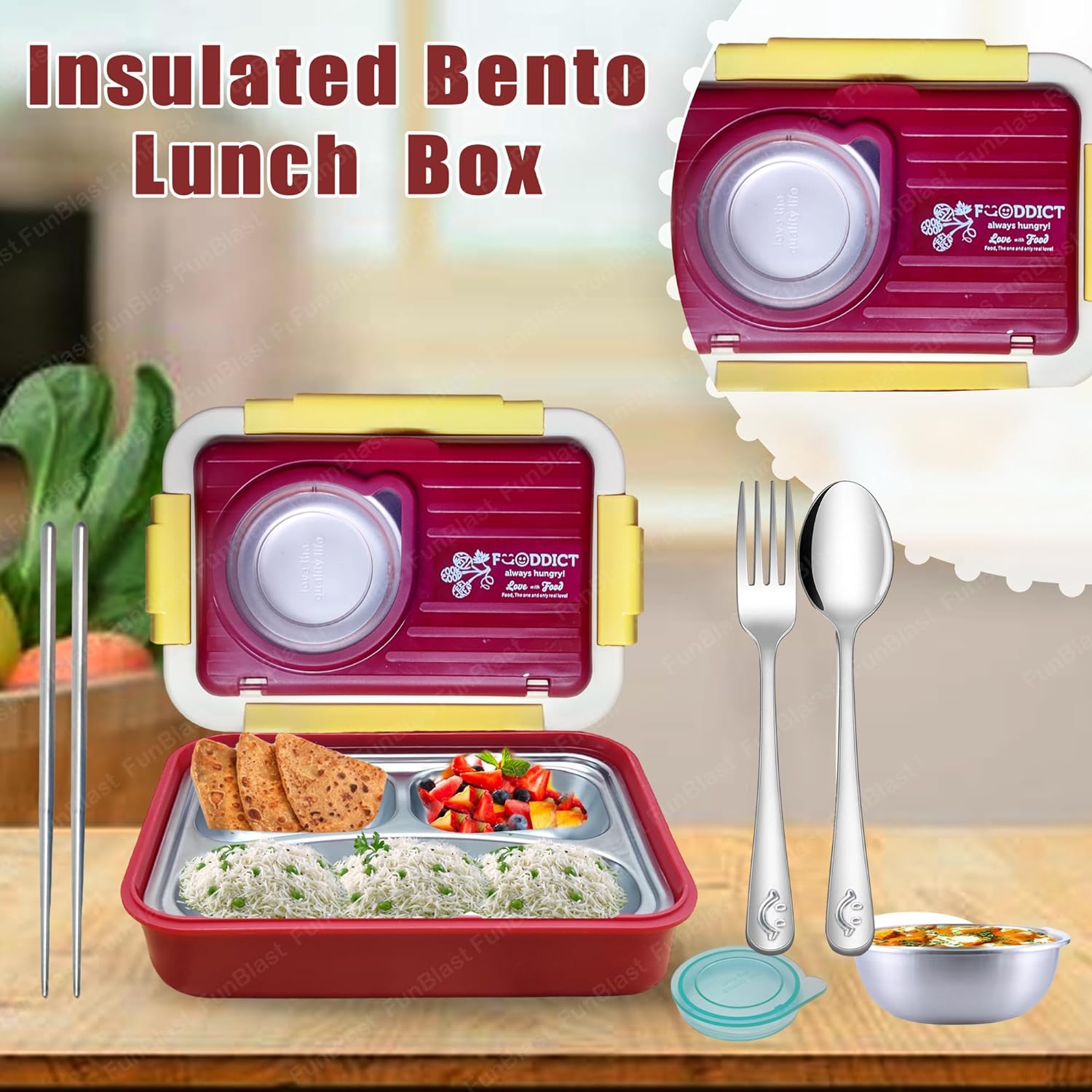 Lunch Box for Kids – Stainless Steel Lunch Box, 6 Compartment Lunch Box with Bowl, Spoon, Fork & Chopstick, Tiffin Box, Insulated Bento Lunch Box for Kids (Red)