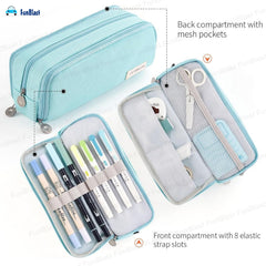 Multi-Compartment Canvas Stationery Organizer Pouch for Kids (Sky Blue)