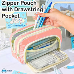 Kawaii Pencil Pouch With Drawstring Pocket (Pink)