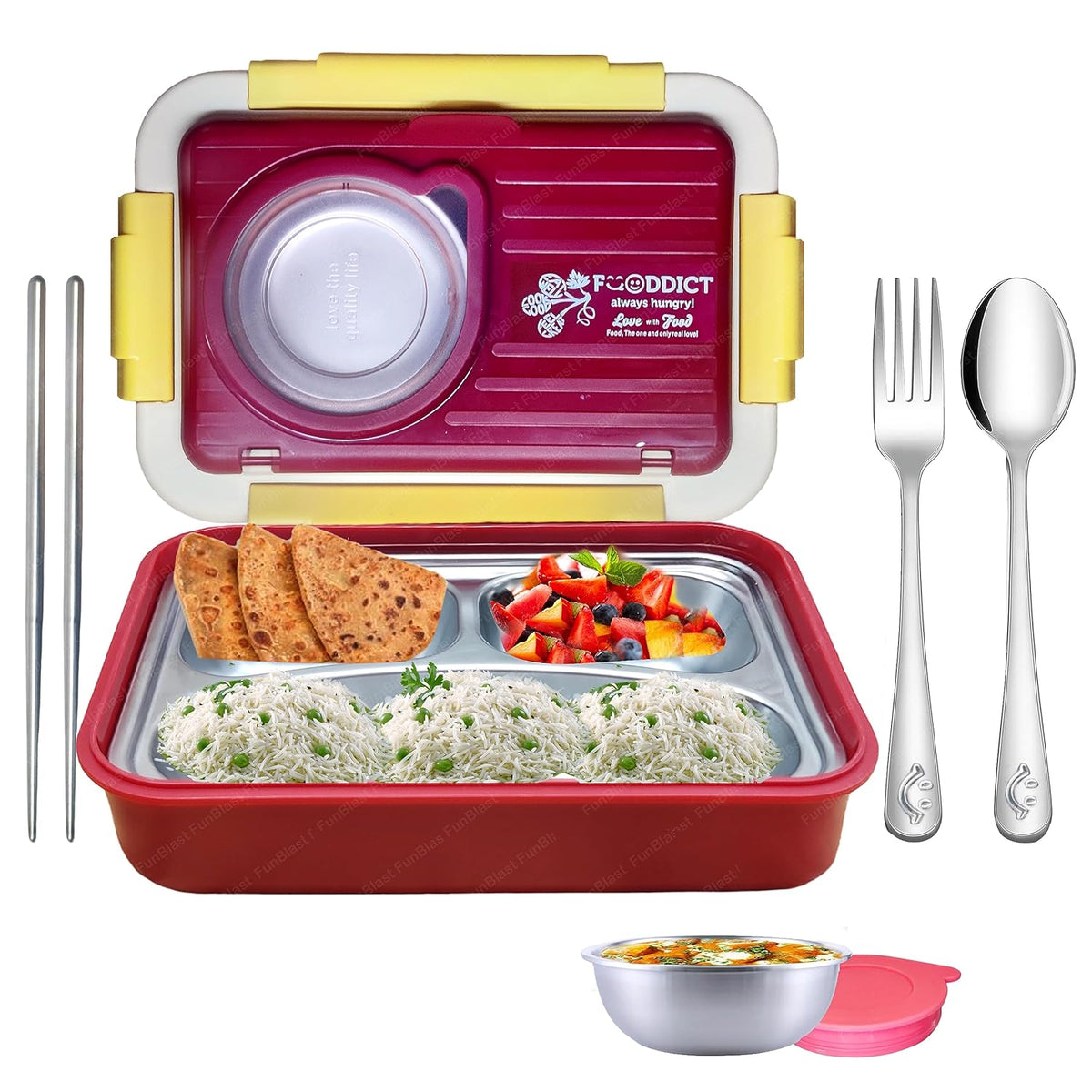 Lunch Box for Kids – Stainless Steel Lunch Box, 6 Compartment Lunch Box with Bowl, Spoon, Fork & Chopstick, Tiffin Box, Insulated Bento Lunch Box for Kids (Red)