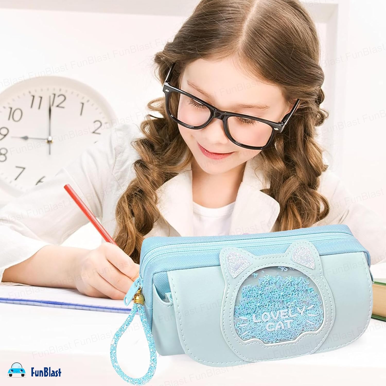 Cat Design Stationery Pouch with Zipper Lock for Girls (SkyBlue)