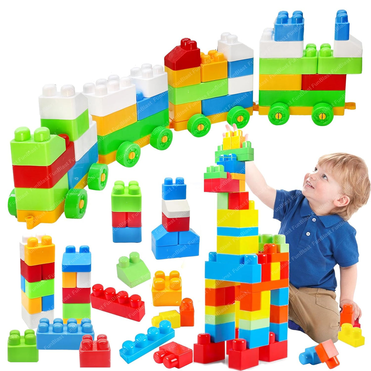 Building Blocks for Kids with Wheel, 64 Pcs with 16 Movable Wheels