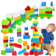 Building Blocks for Kids with Wheel, 64 Pcs with 16 Movable Wheels