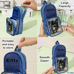 Cartoon Design Hangable Canvas Pencil Pouch for Kids (Blue)