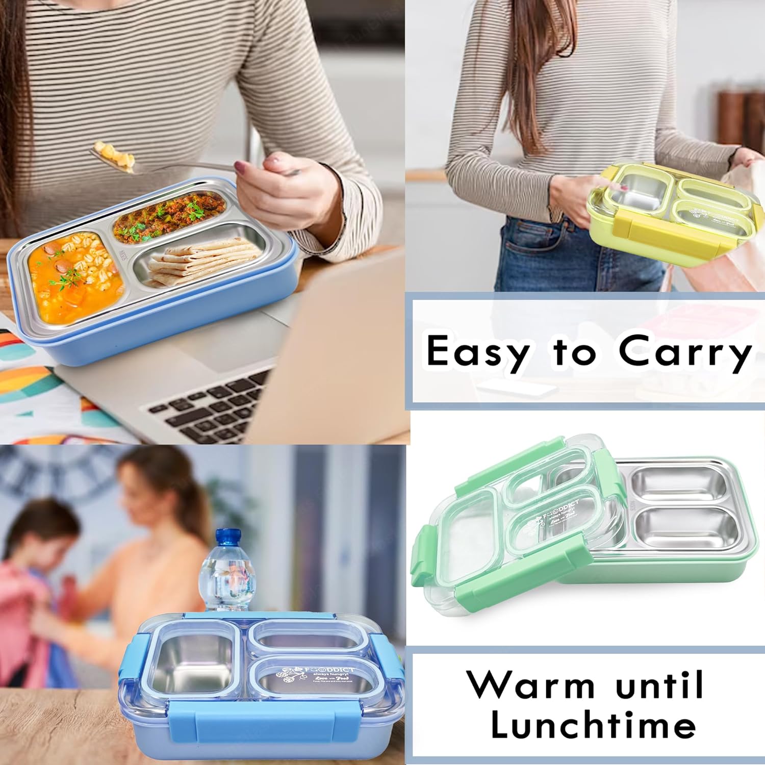 Lunch Box for Kids – Tiffin Box, Stainless Steel Lunch Boxes for Office Men, 3 Compartment Lunch Box with Spoon, Fork & Chopstick (-Random Color)