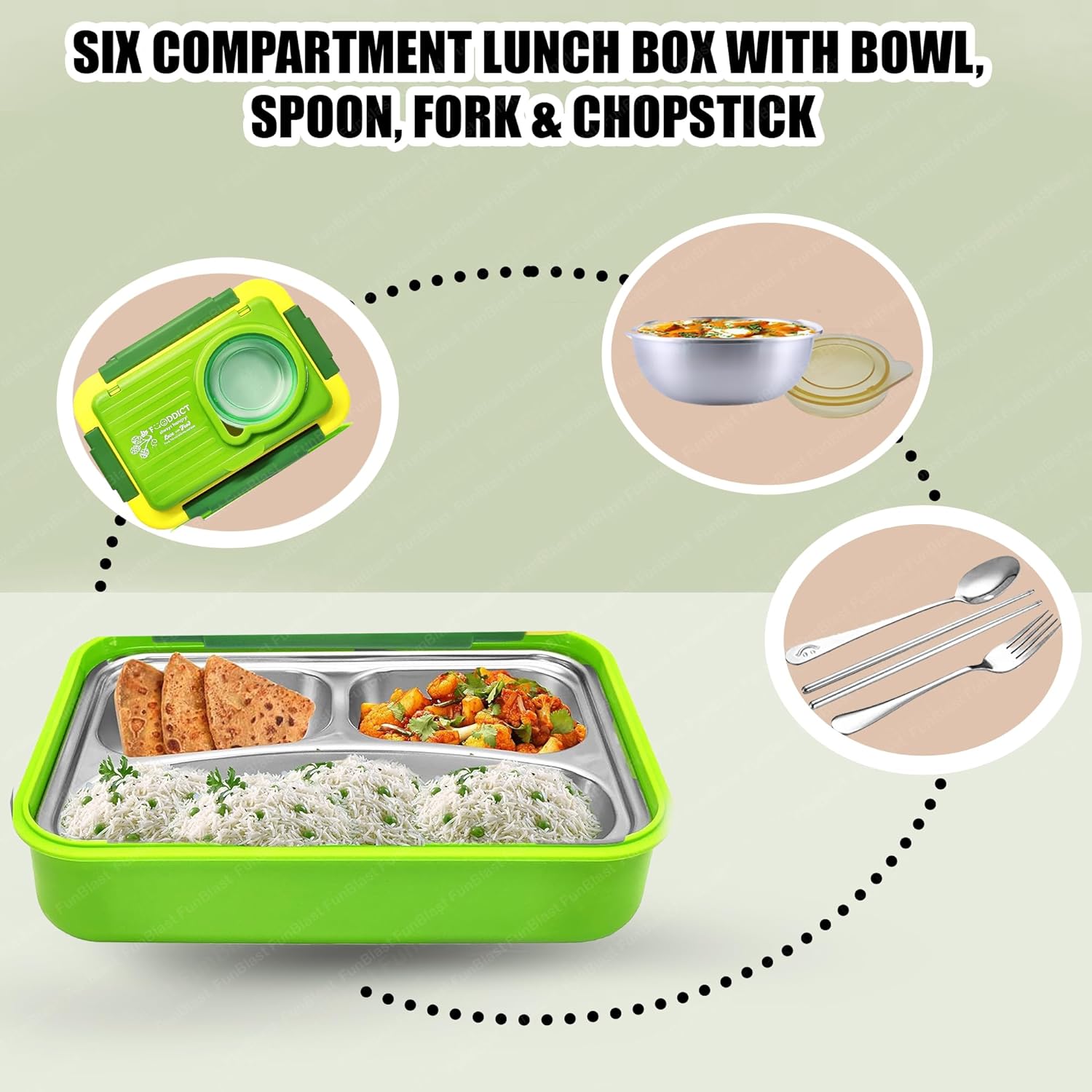 Lunch Box for Kids – Stainless Steel Lunch Box, 6 Compartment Lunch Box with Bowl, Spoon, Fork & Chopstick, Tiffin Box, Insulated Bento Lunch Box for Kids (Green)