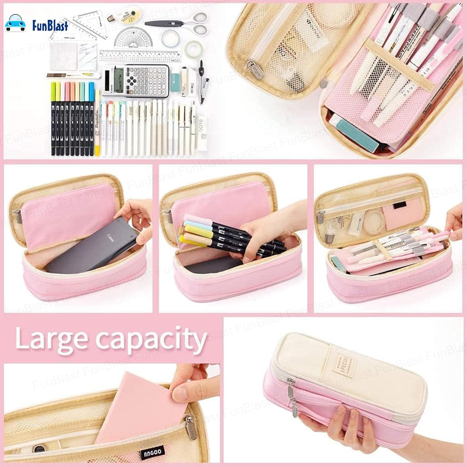 Multi-Compartment Double Zipper Portable Pencil Pouch for Kids (Pink)