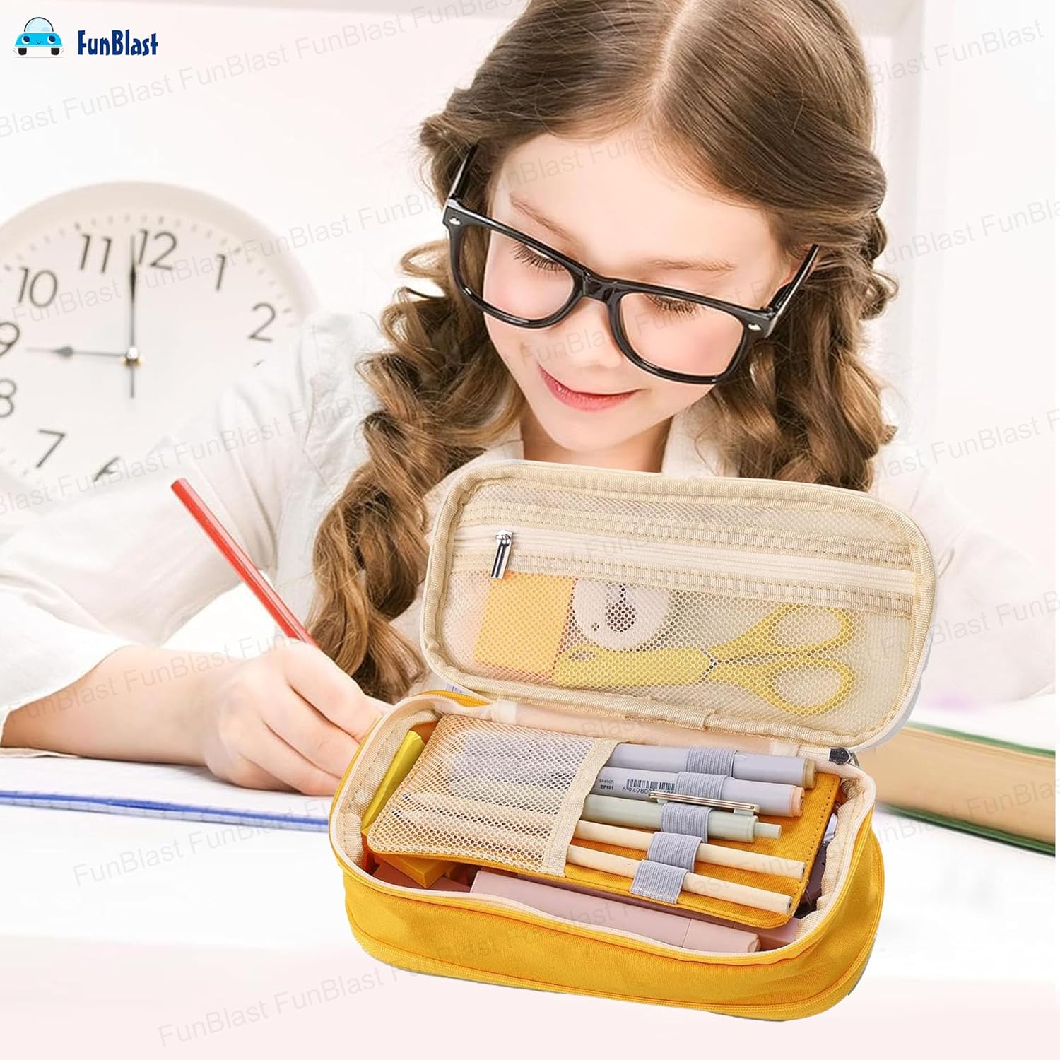 Multi-Compartment Double Zipper Portable Pencil  Pouch for Kids (Yellow)