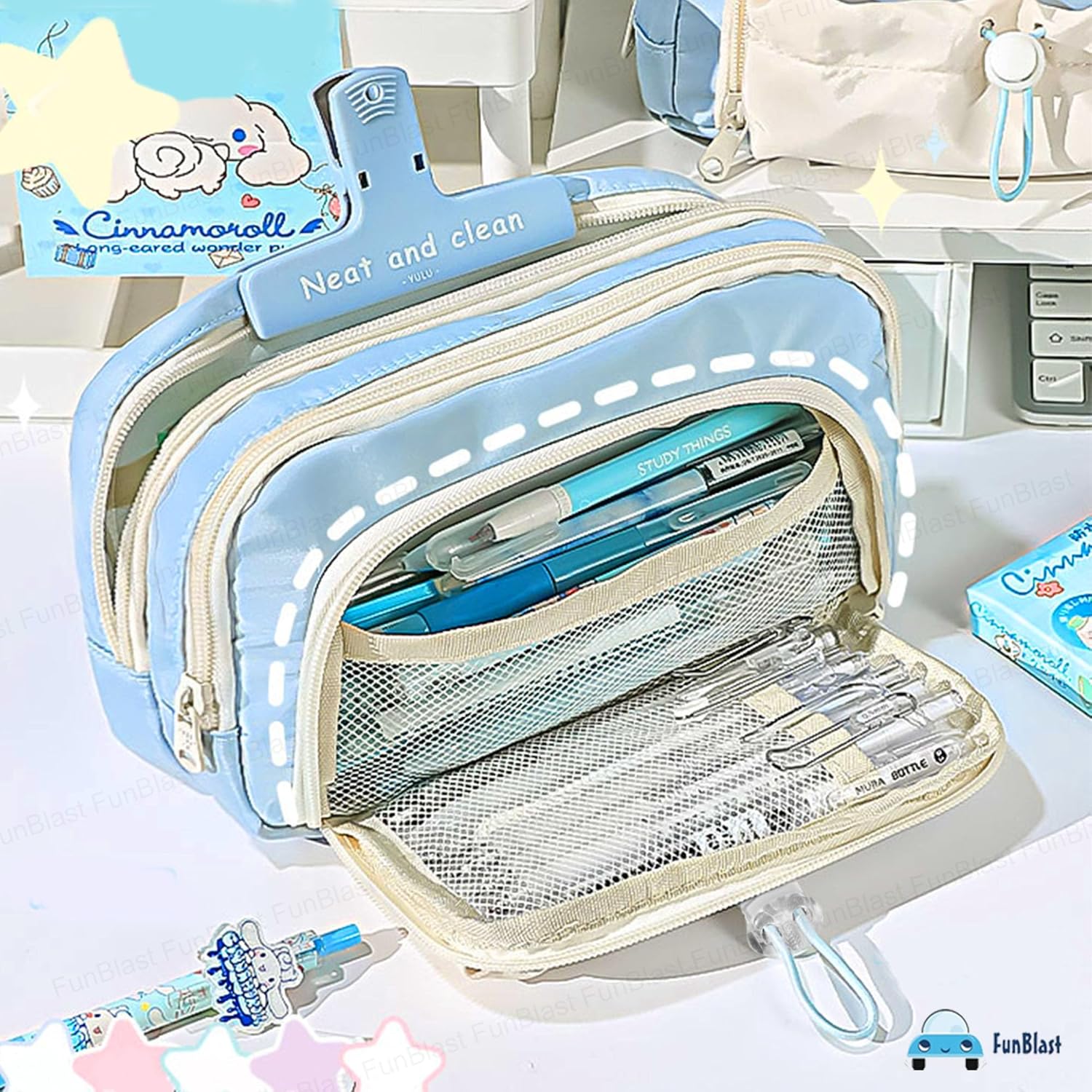 Kawaii Pencil Pouch With Drawstring Pocket (Sky Blue)