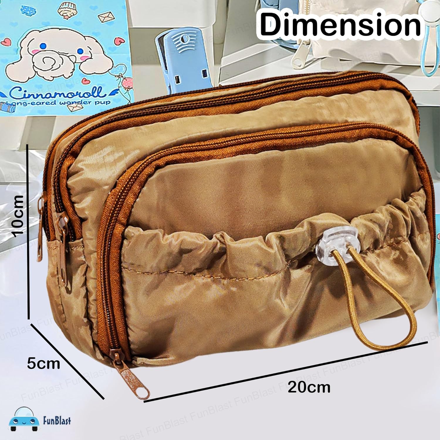 Kawaii Pencil Pouch With Drawstring Pocket (Tan)