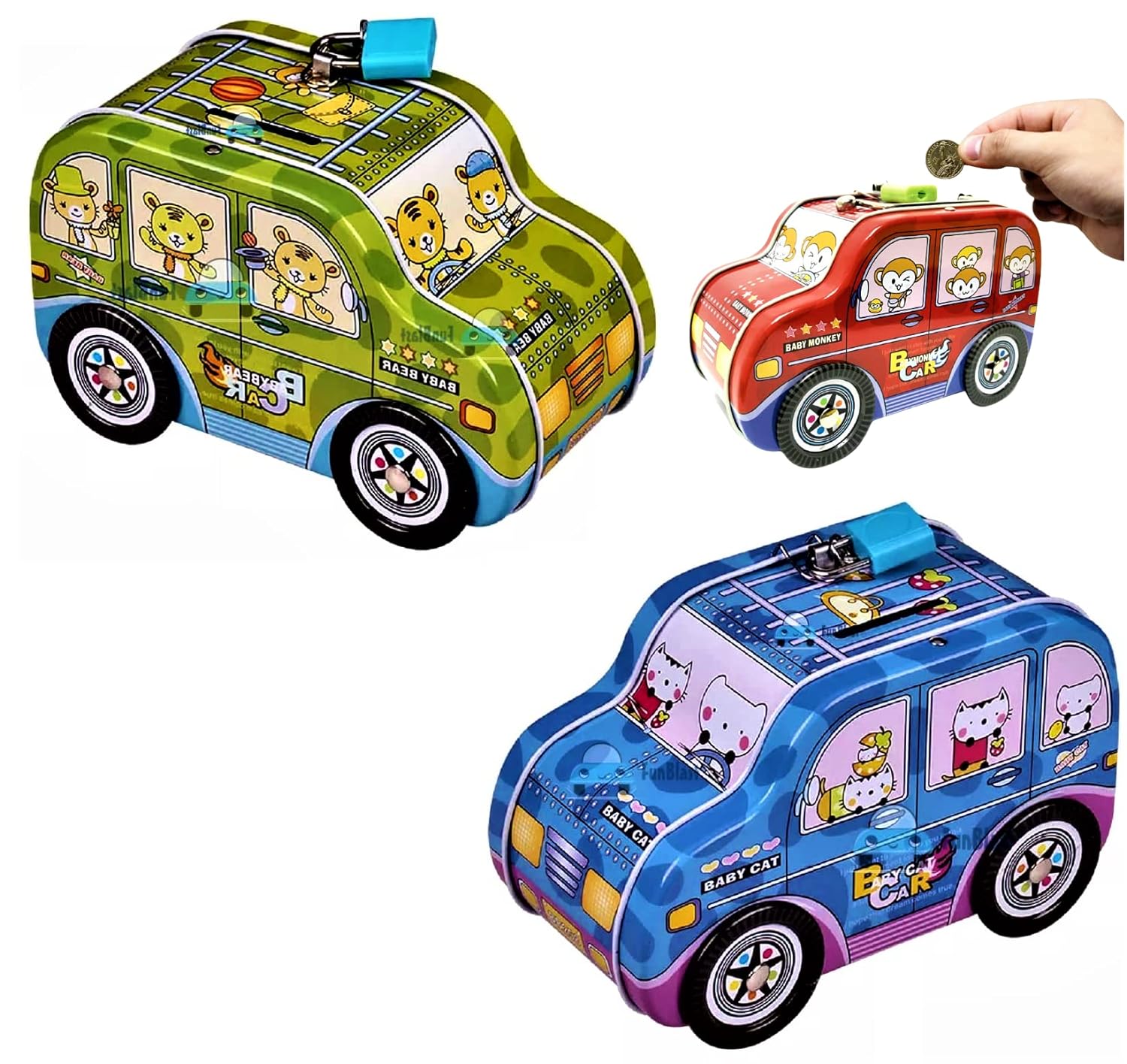 Piggy Bank - Car Shaped Coin Box with Moving Wheel for Kids (Pack of 3 Pcs)