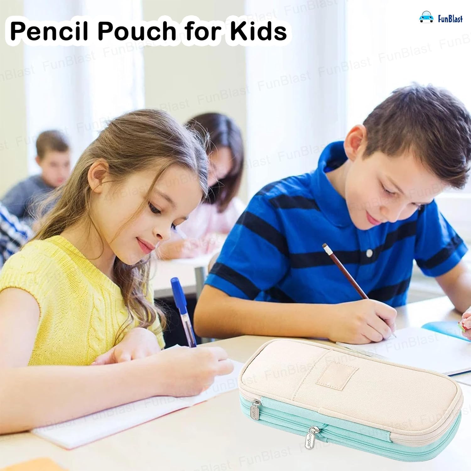 Multi-Compartment Double Zipper Portable Pencil  Pouch for Kids (Seagreen)