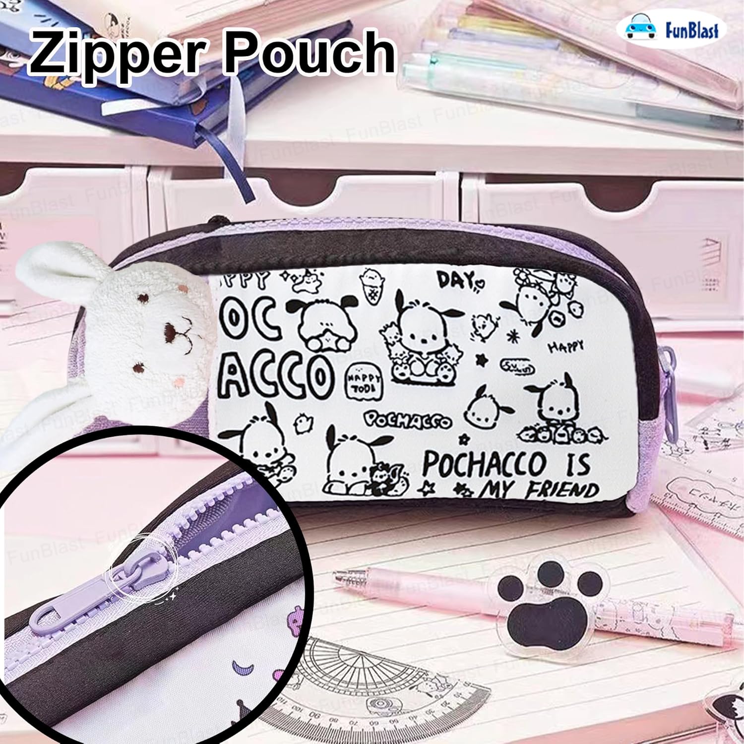 Cartoon Design Multipurpose Zipper Pouch for Kids (Purple)