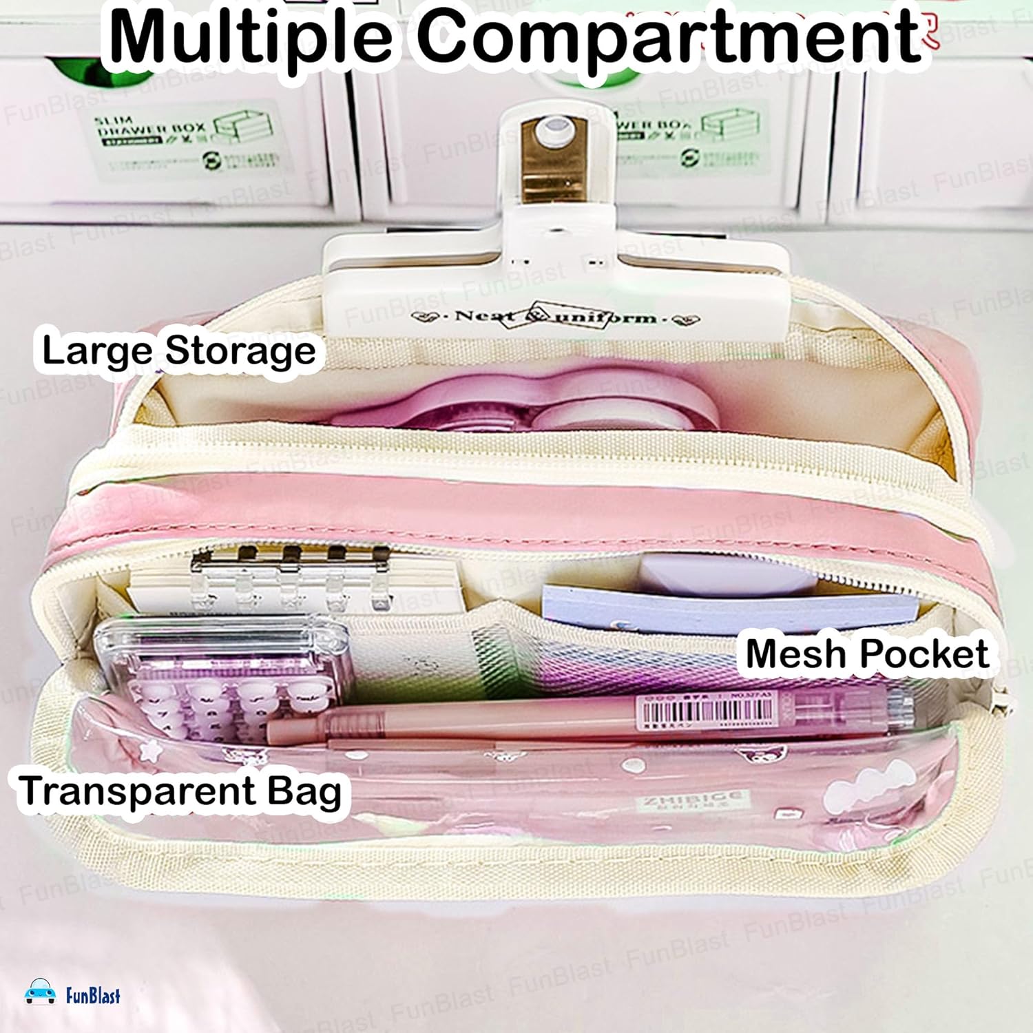 Multiple Compartment Double Zipper Pencil Pouch for Kids (Pink)
