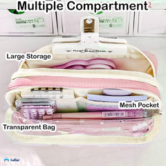 Multiple Compartment Double Zipper Pencil Pouch for Kids (Pink)