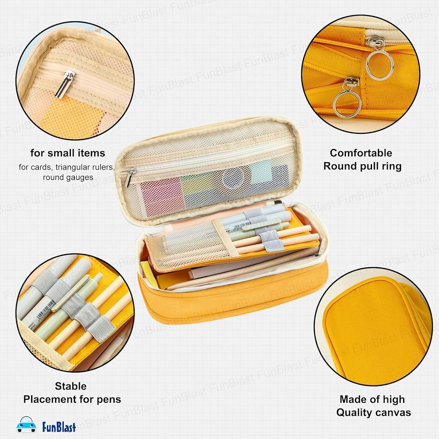 Multi-Compartment Double Zipper Portable Pencil  Pouch for Kids (Yellow)