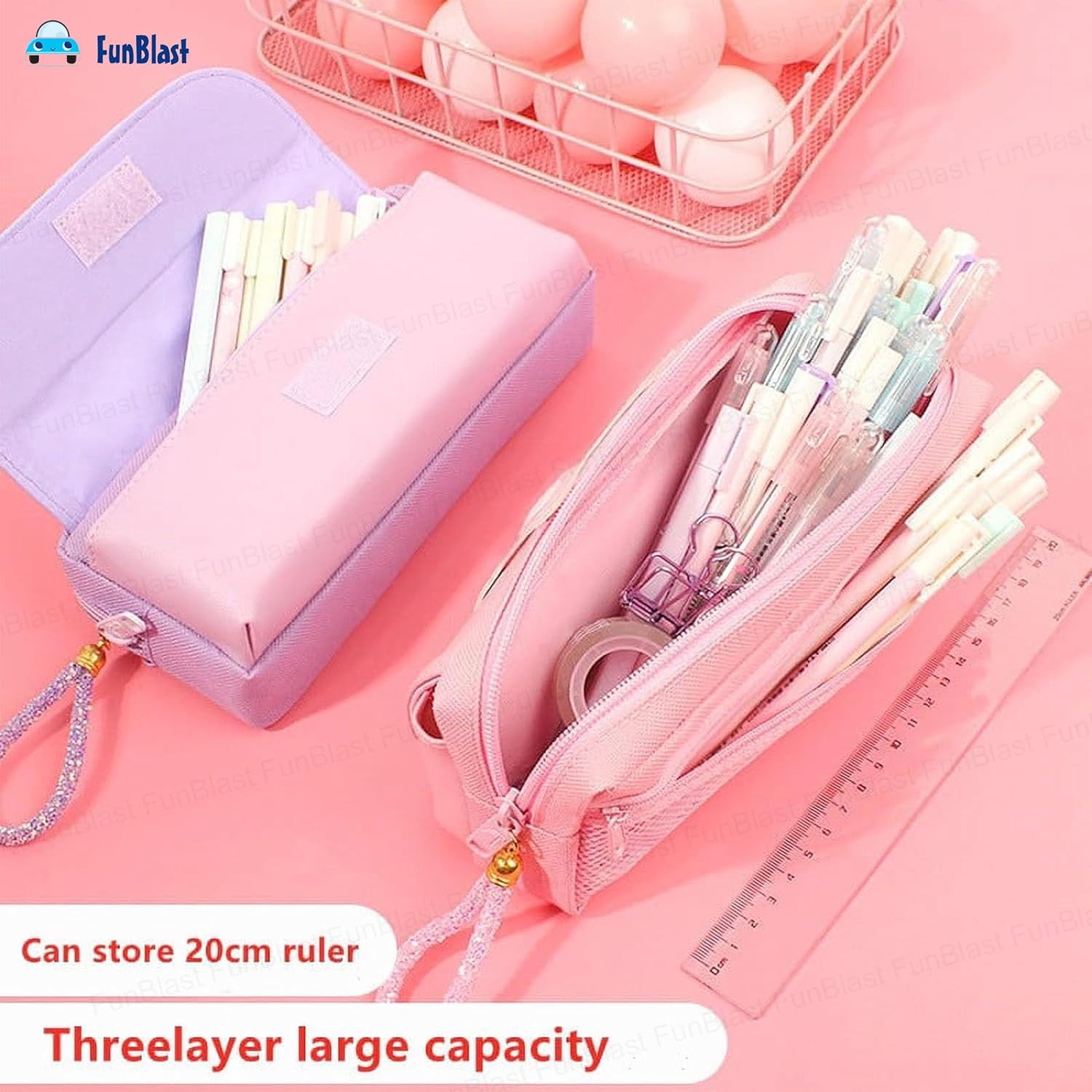 Cat Design Stationery Pouch with Zipper Lock for Girls (Pink)