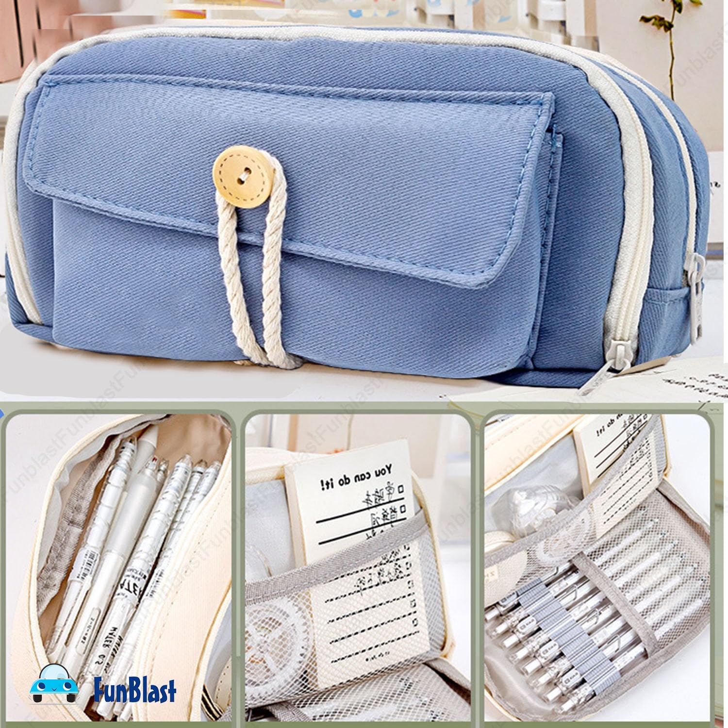 Large Capacity Stationary Organizer Pencil Pouch for Kids (Blue)