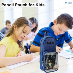 Cartoon Design Hangable Canvas Pencil Pouch for Kids (Blue)