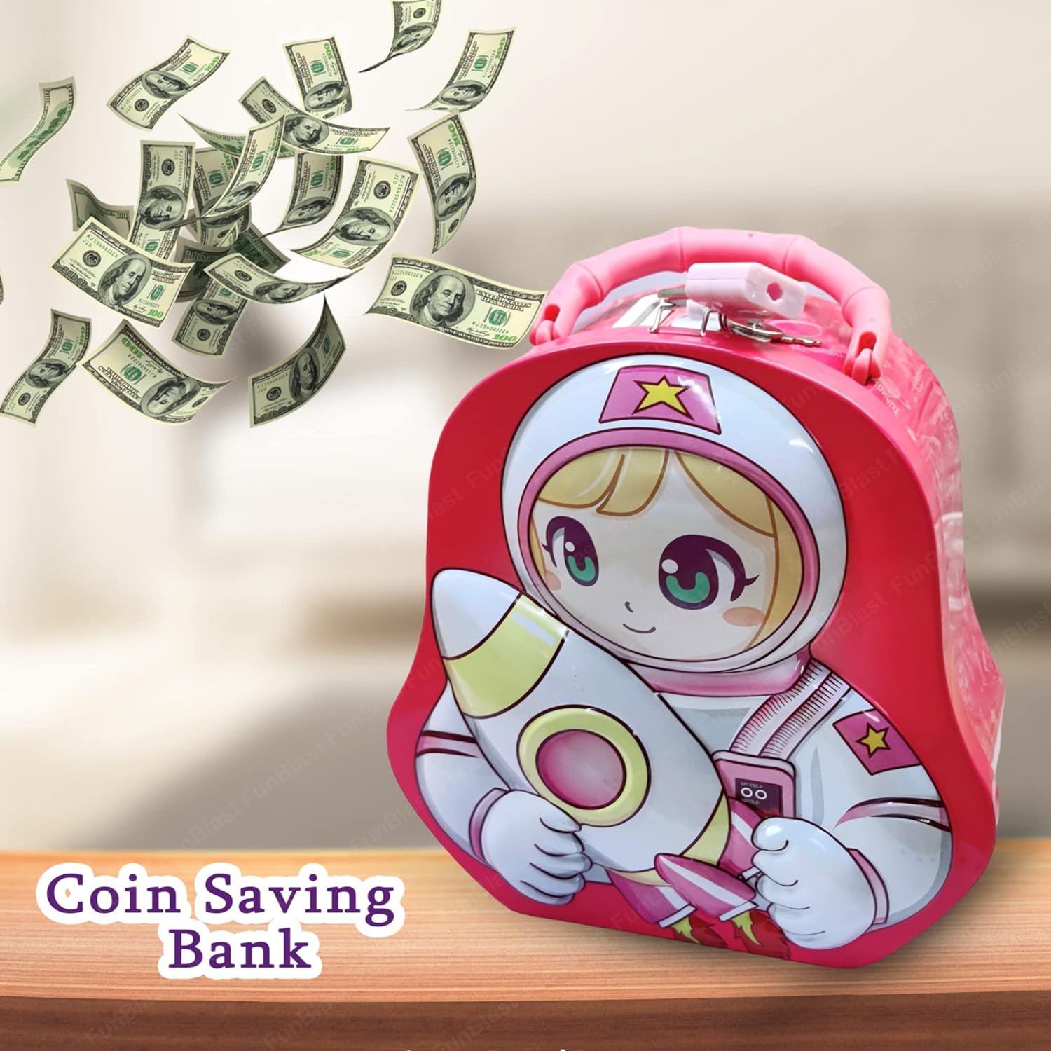 Piggy Bank for Kids – Space Theme Coin Box, Coin Bank with Lock and Key, Metal Coin Box for Kids, Money Bank, Coin Box for Girls