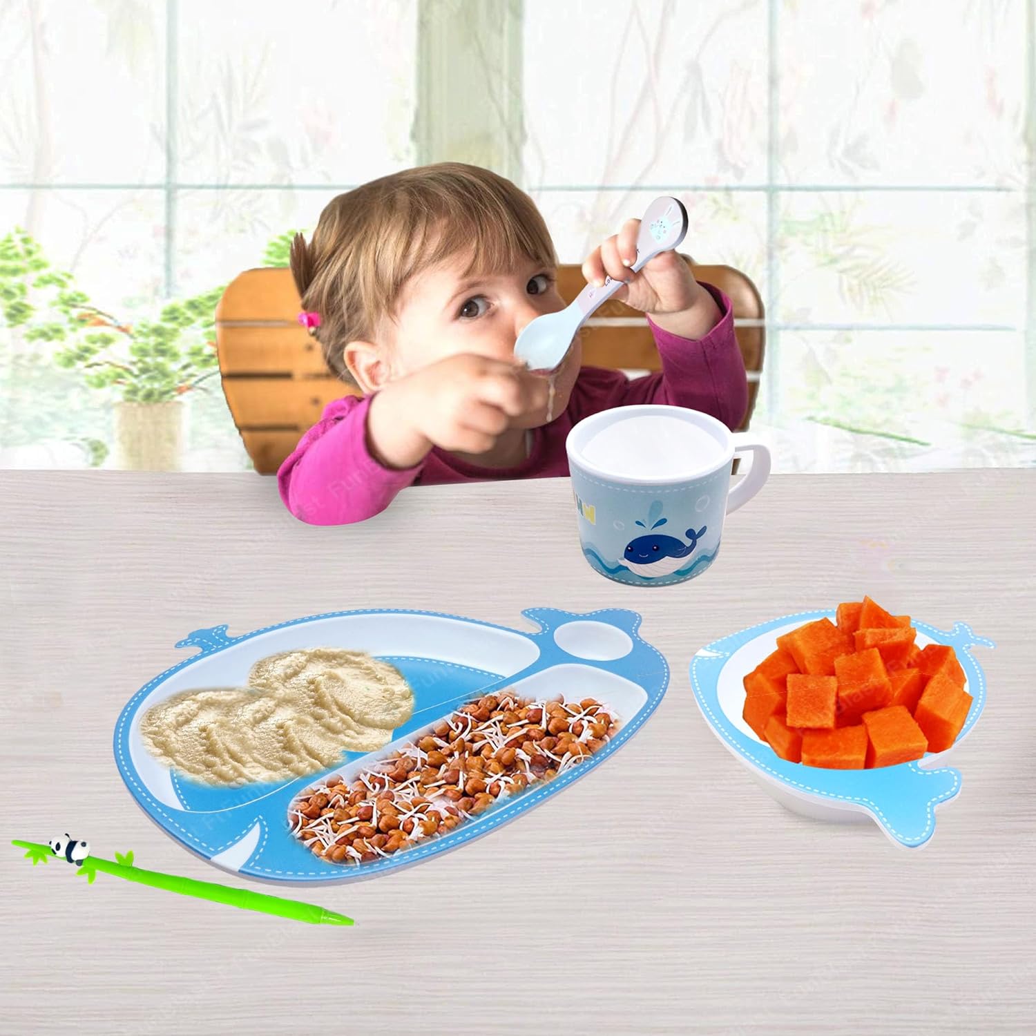 Bamboo Fiber Kids Tableware Dinner Set, Plate Bowl Cup Fork and Spoon Feeding Set for Babies (5 Pc; Multicolor)