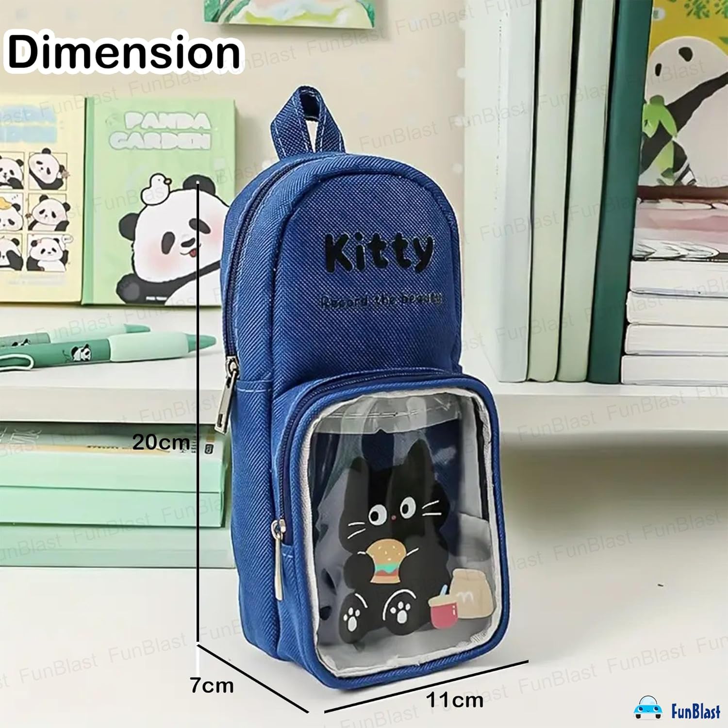 Cartoon Design Hangable Canvas Pencil Pouch for Kids (Blue)