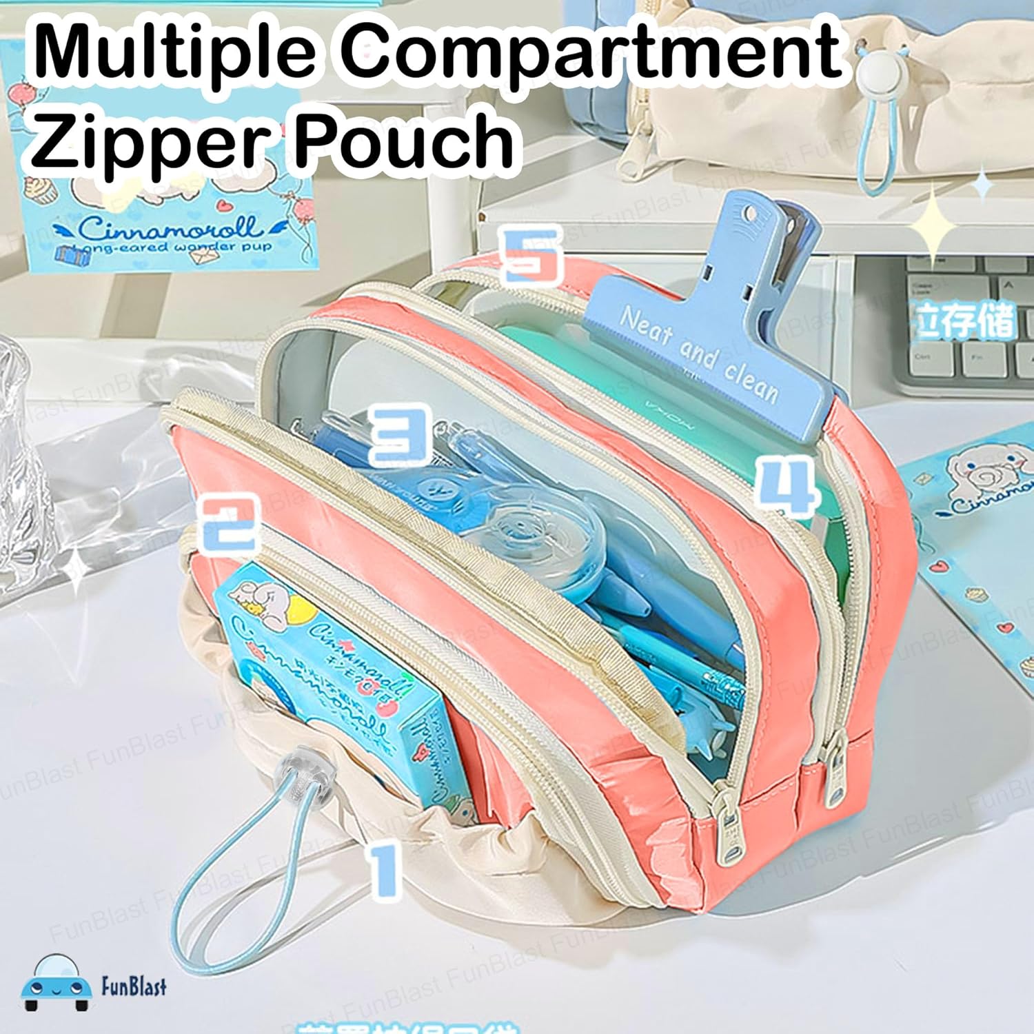 Kawaii Pencil Pouch With Drawstring Pocket (Pink)