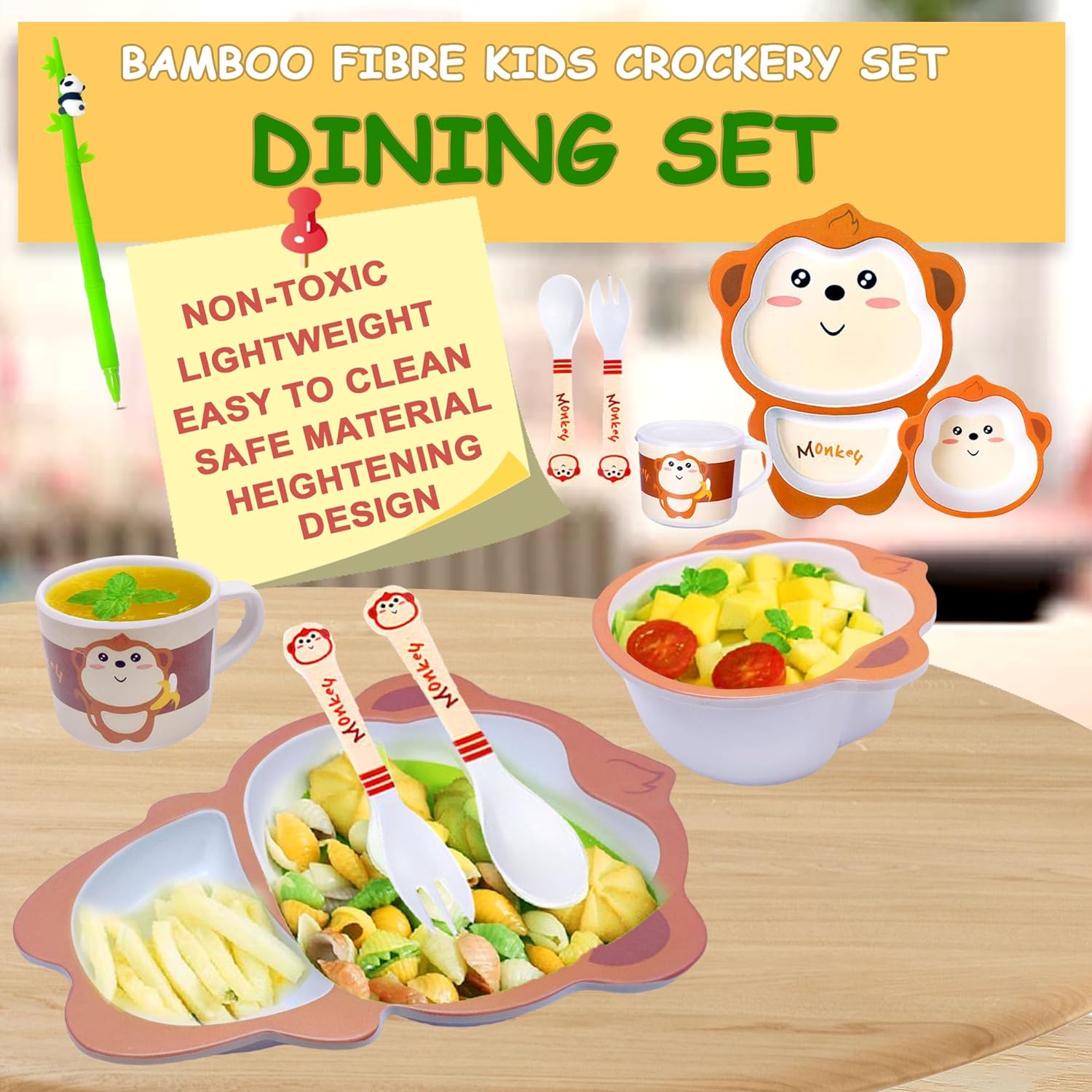 Bamboo Fibre Feeding Tableware Set for Kids – Monkey Design Bamboo Fibre Plate, Bowl, Cup, Spoon and Fork for Kids