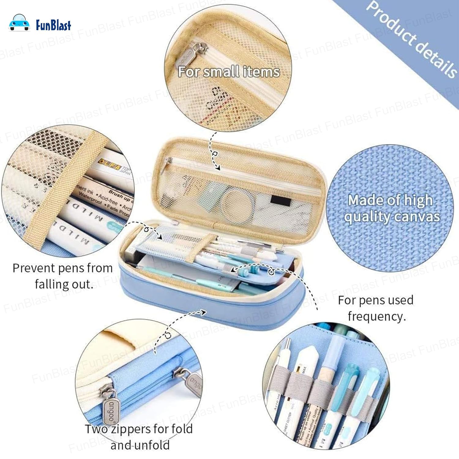 Multi-Compartment Double Zipper Portable Pencil  Pouch for Kids (Sky Blue)