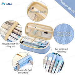 Multi-Compartment Double Zipper Portable Pencil  Pouch for Kids (Sky Blue)