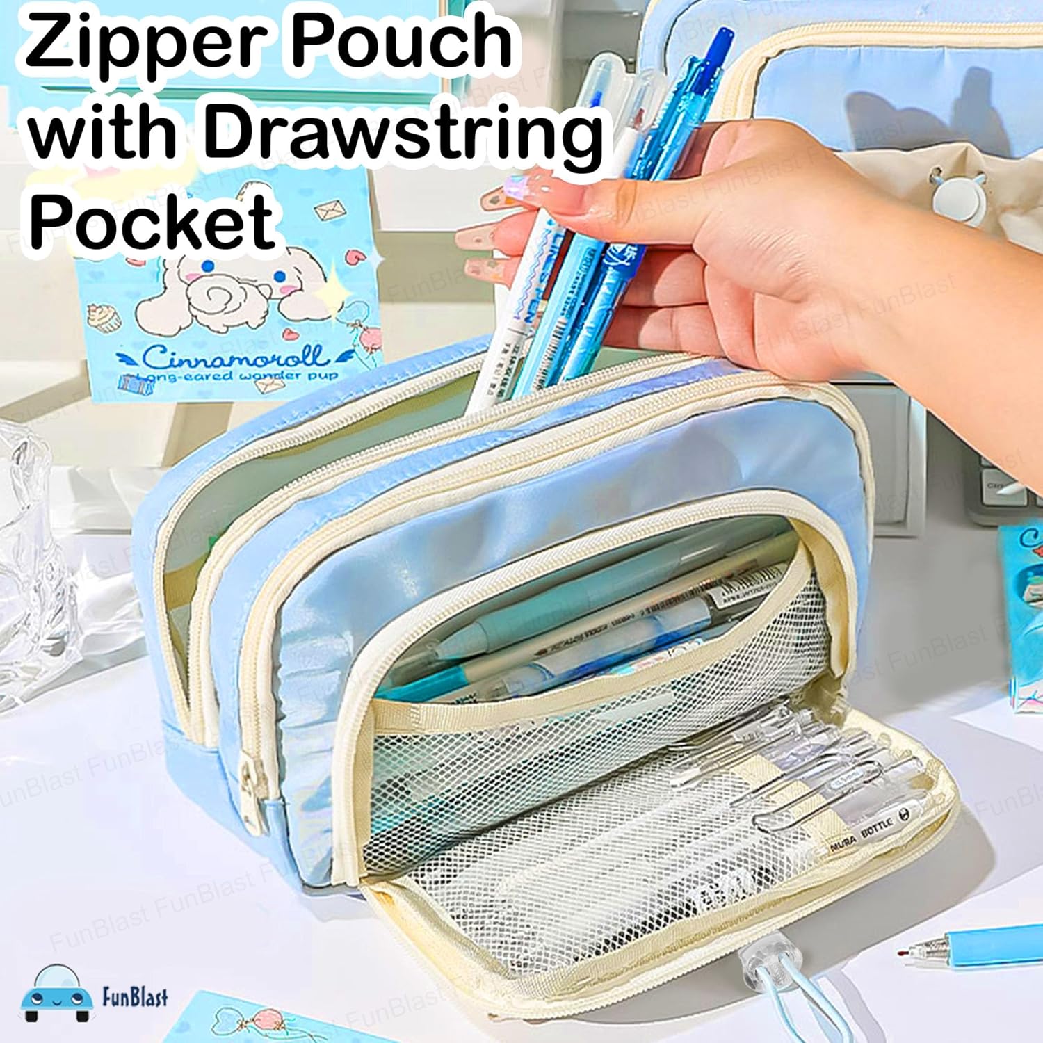 Kawaii Pencil Pouch With Drawstring Pocket (Sky Blue)
