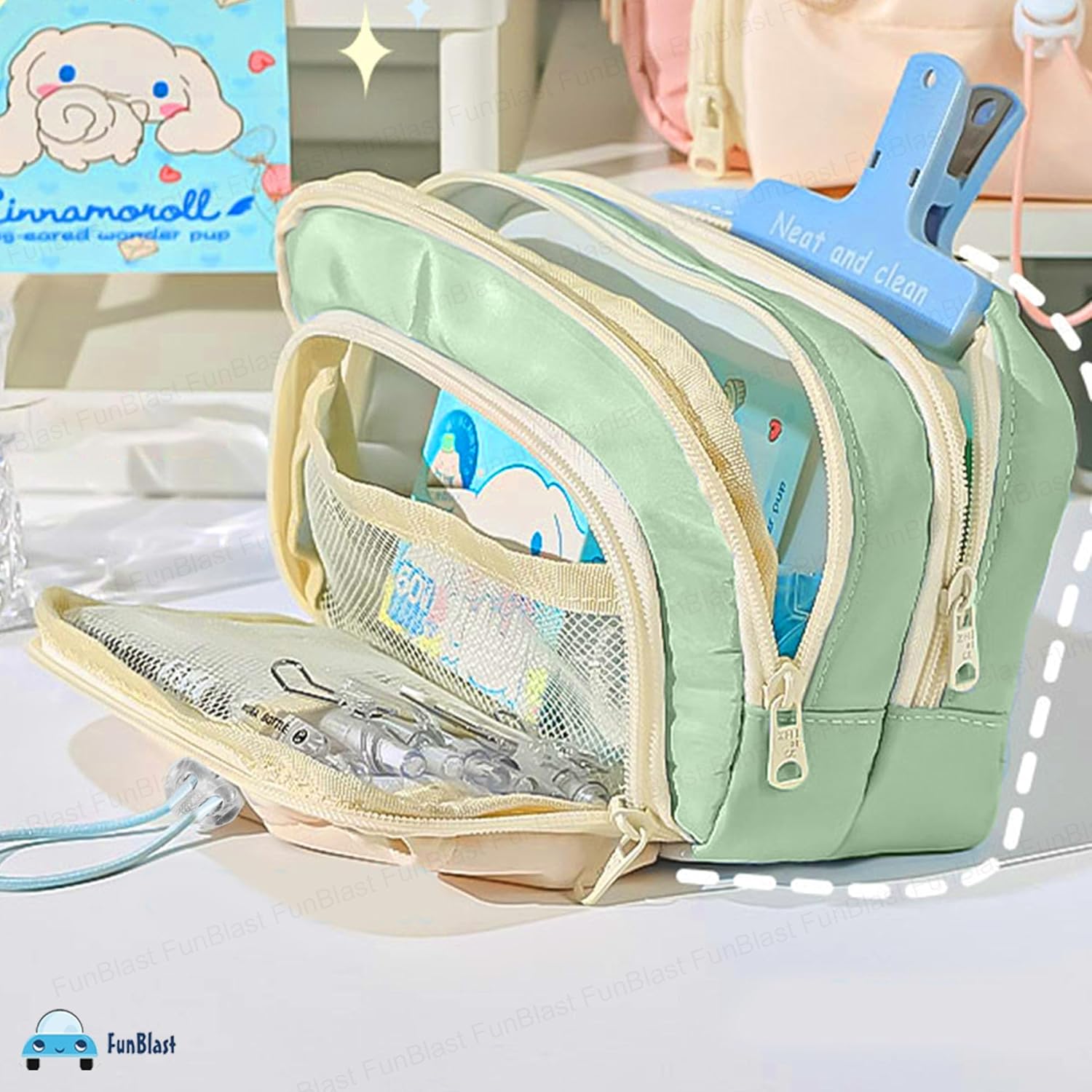 Kawaii Pencil Pouch With Drawstring Pocket (Sea Green)