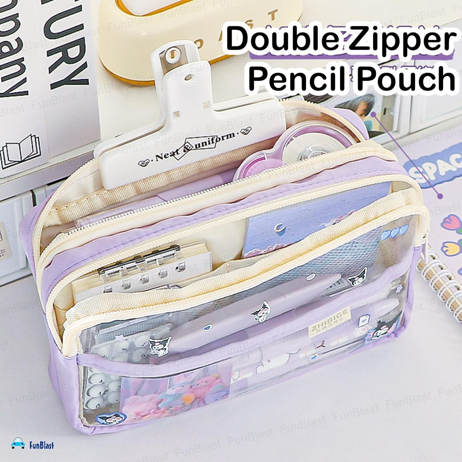 Multiple Compartment Double Zipper Pencil Pouch for Kids (Purple)