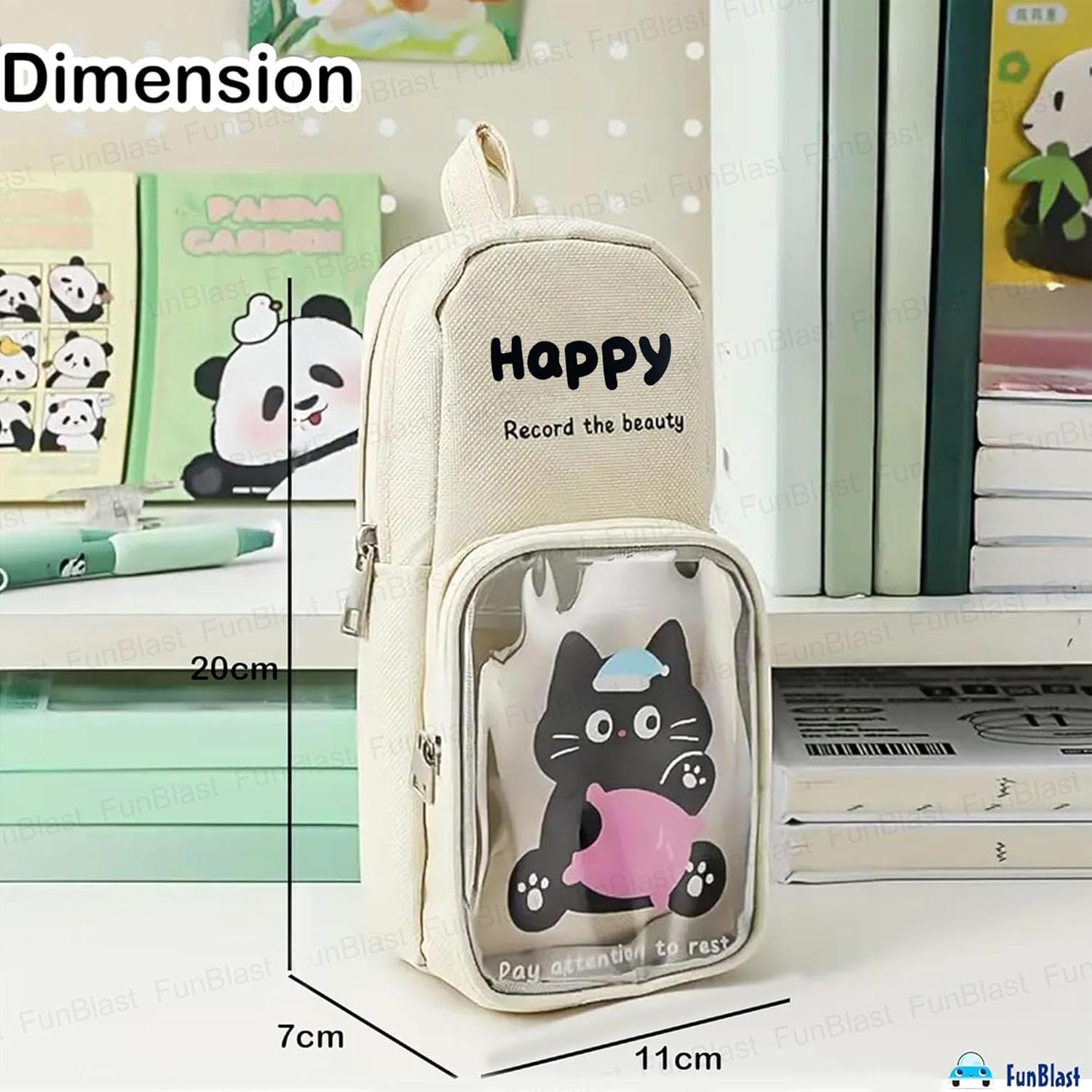 Cartoon Design Hangable Canvas Pencil Pouch for Kids (OffWhite)