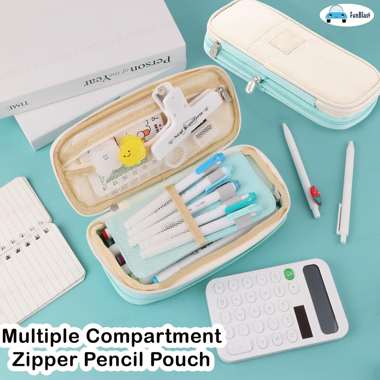 Multi-Compartment Double Zipper Portable Pencil  Pouch for Kids (Seagreen)